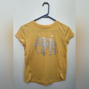 Mudd T-shirt, yellow with silver metallic elephant. Size youth large (10-12).